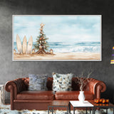 Beach Christmas scene with surfboards and decorated tree, tropical holiday art framed canvas print, perfect coastal seasonal decor