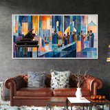 Abstract jazz party scene with grand piano, colorful stained glass aesthetic, framed canvas print ideal vibrant music wall art decor