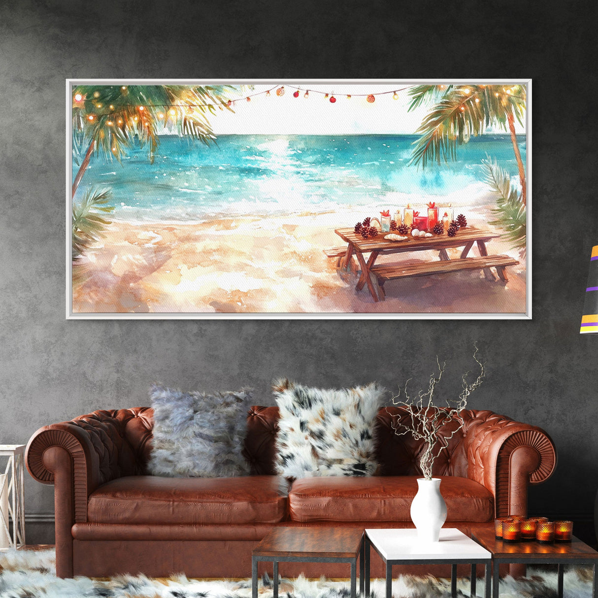 Beach Christmas decor picnic setup with palm trees and lights, framed canvas print showcasing tropical coastal holiday art decor