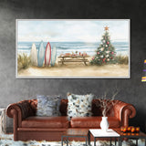 Surfboards and decorated tree on the beach, framed canvas print perfect coastal Christmas vacation decor holiday wall art