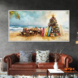 Christmas family picnic by the beach with surfboards and tree, framed canvas print tropical coastal holiday beach Christmas decor