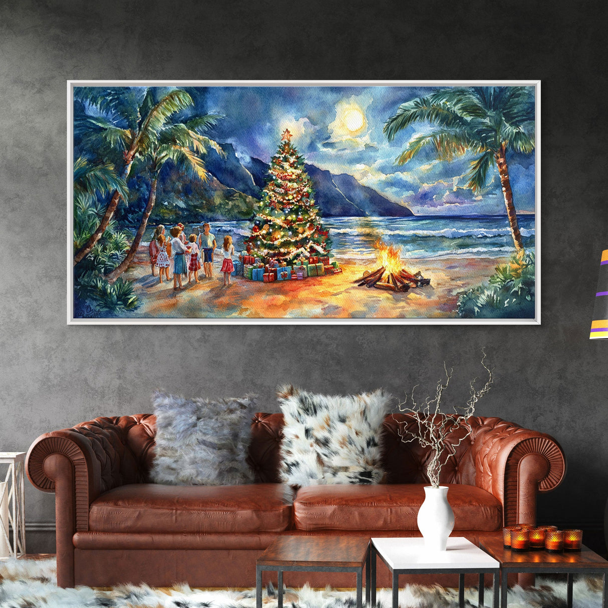 Hawaiian Christmas beach scene with bonfire and tree, framed canvas print perfect tropical holiday coastal decor wall art