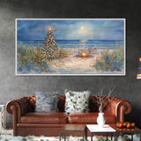 Beach Christmas family gathering by the ocean and bonfire, framed canvas print featuring tropical holiday decor wall art