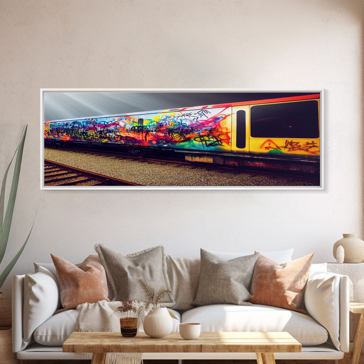 Train Box Car Graffiti Art, Extra Large Wall Art, Framed Panoramic Canvas Print, Framed Wall Decor