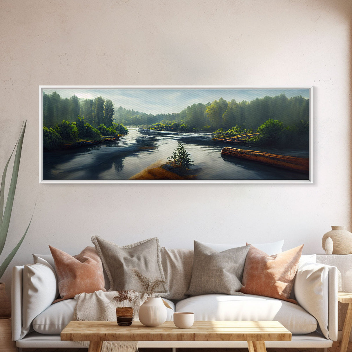 Log Floating Down A River, Extra Large Wall Art, Framed Panoramic Canvas Print, Framed Wall Decor