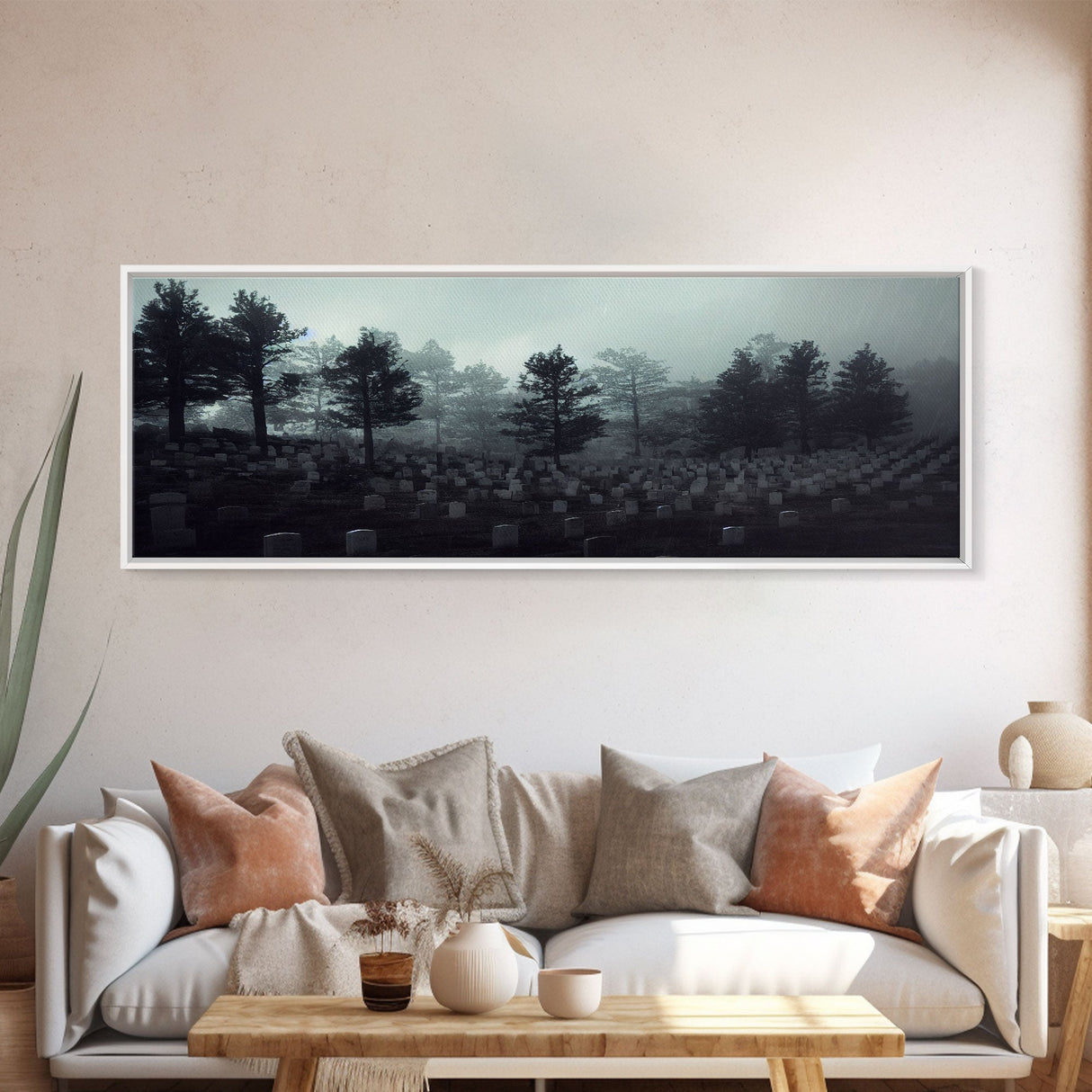 Haunted Cemetery Halloween Art, Extra Large Wall Art, Framed Panoramic Canvas Print, Framed Wall Decor