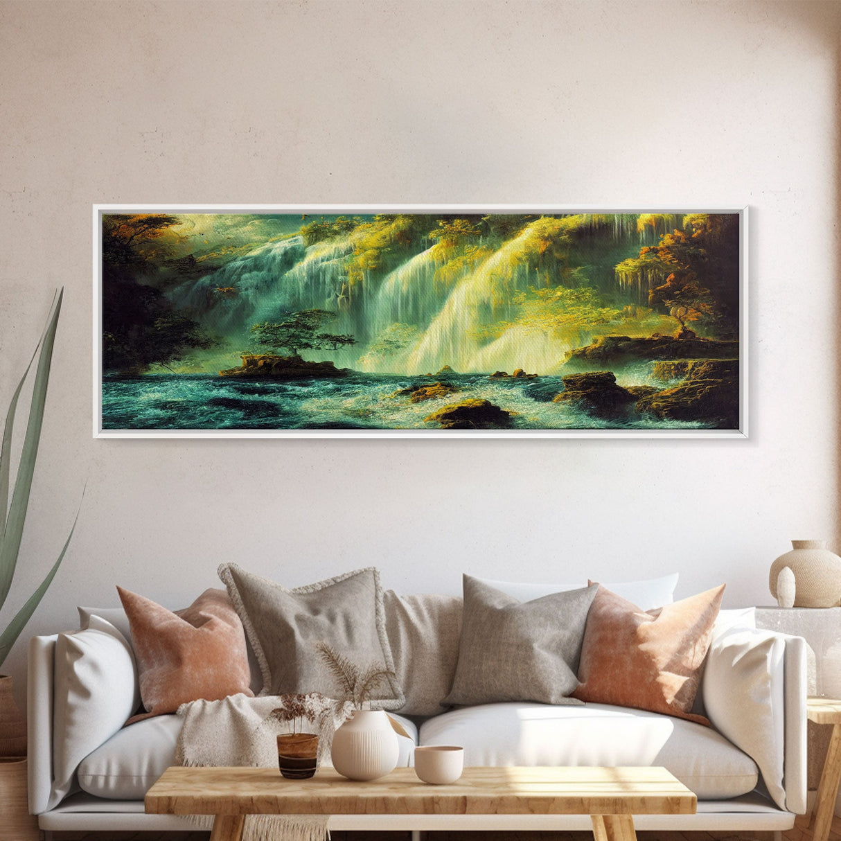 Vintage Style Trees, Forest, Waterfall and Mountain Art, Extra Large Wall Art, Framed Panoramic Canvas Print, Framed Wall Art