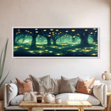 Fantasy Forest At Night With Fireflies, Extra Large Wall Art, Framed Panoramic Canvas Print, Framed Wall Art