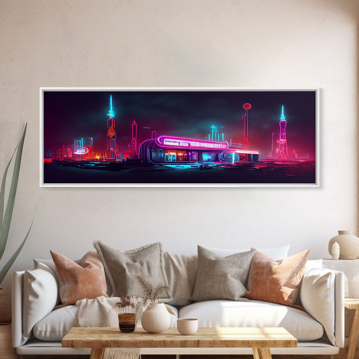 Neon Cyberpunk Atomic Age Diner, Extra Large Wall Art, Framed Panoramic Canvas Print, Framed Wall Art