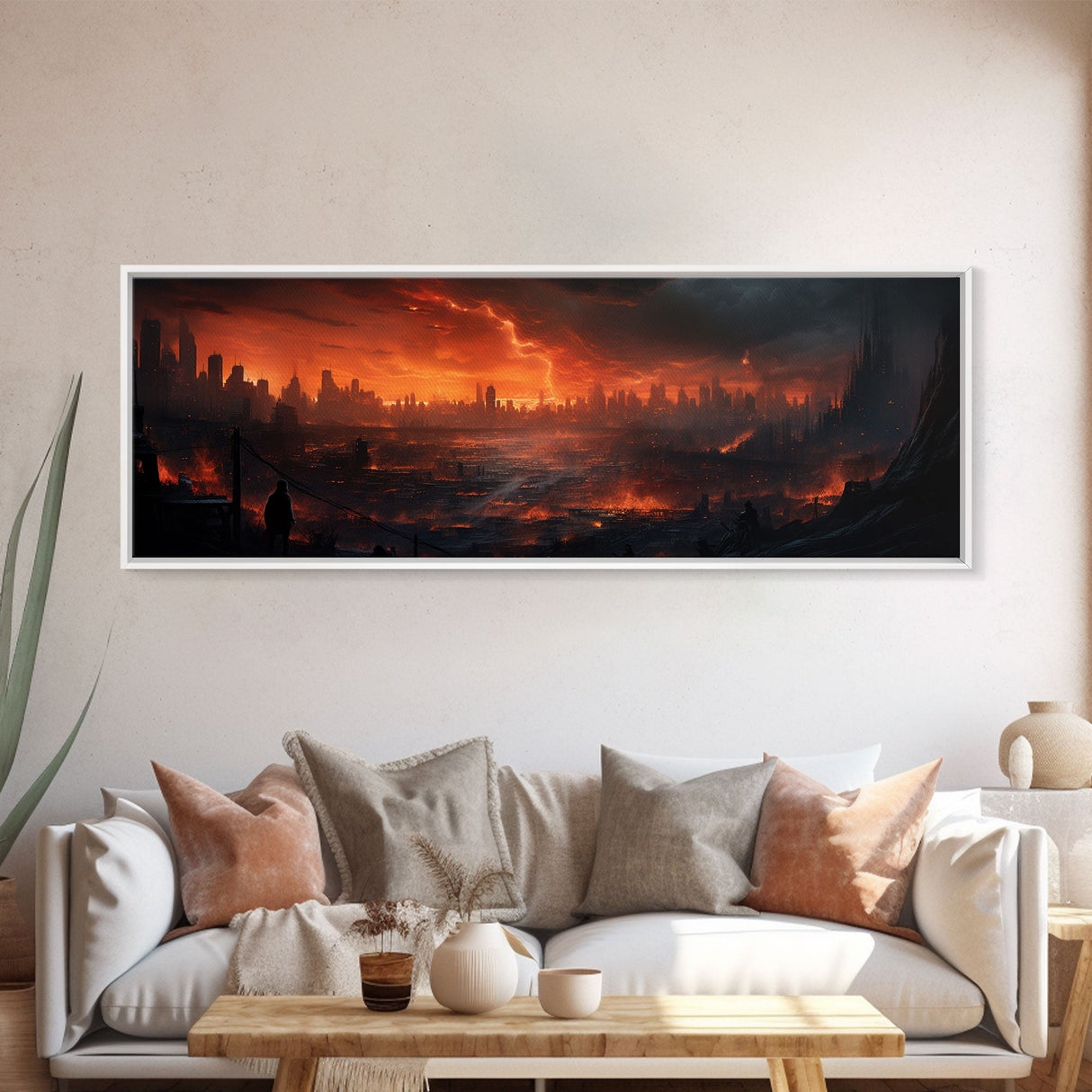 The Burning City Panoramic Canvas Print, Framed Halloween Art, Spooky Decor, Halloween Art, Halloween Wall Art, Halloween Art Print