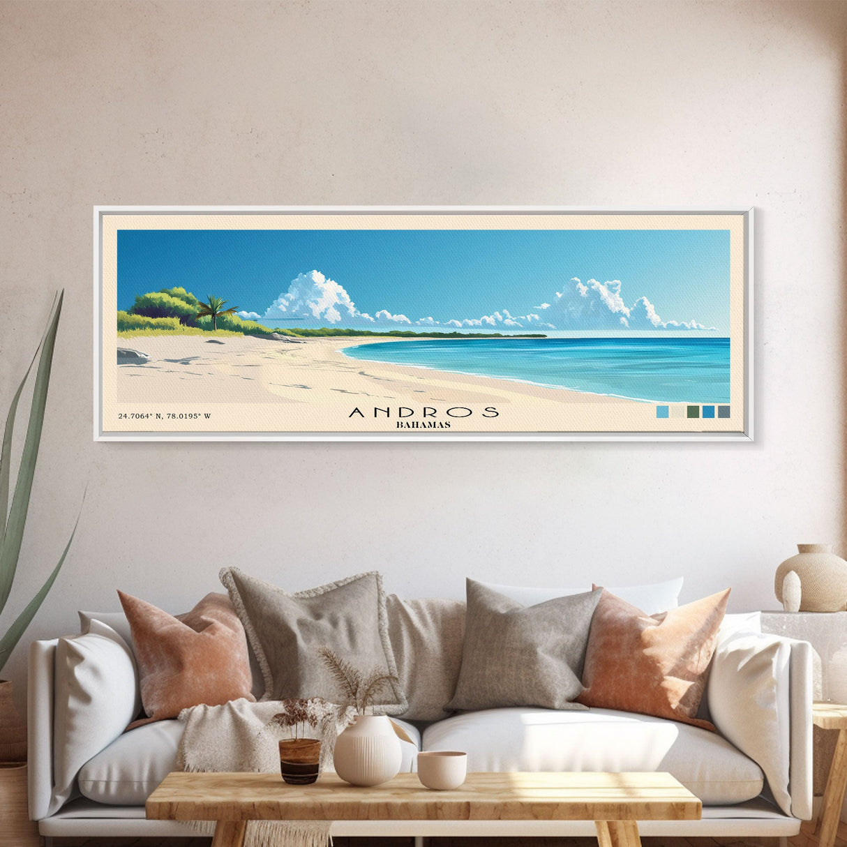 Andros, Bahamas Panoramic Beach Print, Vacation Gift, Bahamas Wall Art, Framed Canvas Print, Framed Beach Painting