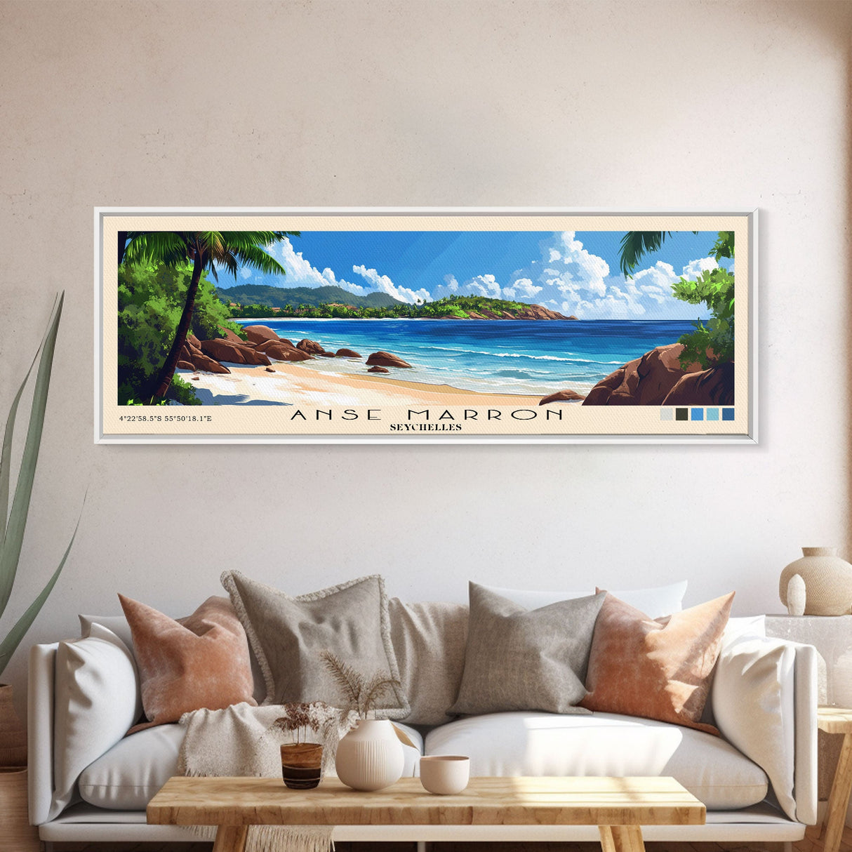 Anse Marron, Seychelles Panoramic Print, Vacation Gift, Seychelles Wall Art, Beach Painting, Beach Decor, Large Wall Art, Wood Frame Art