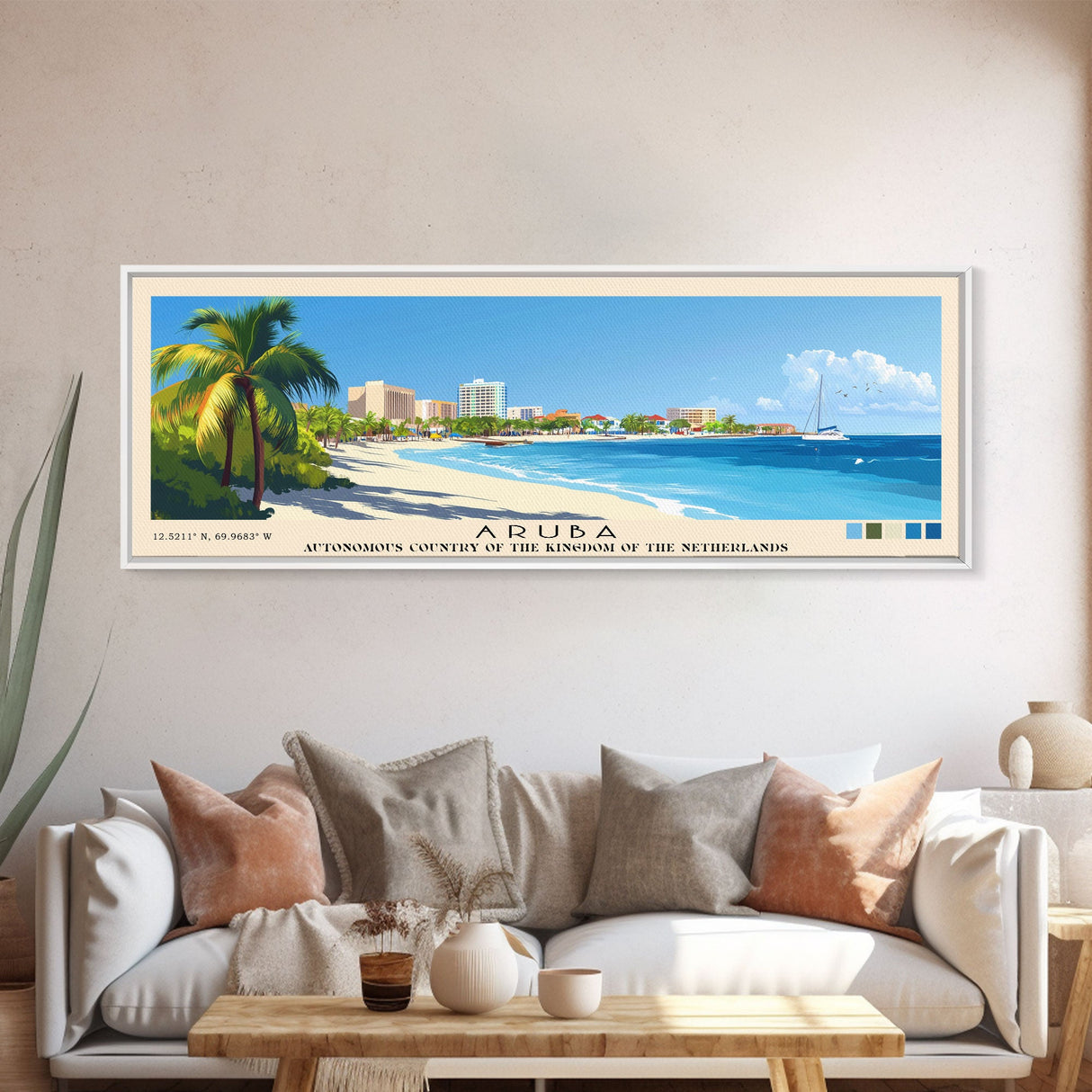 Aruba, autonomous country of the Kingdom of the Netherlands Panoramic Print, Vacation Gift, autonomous country of the Kingdom of the Netherlands Wall Art, Beach Painting, Beach Decor, Large Wall Art, Wood Frame Art