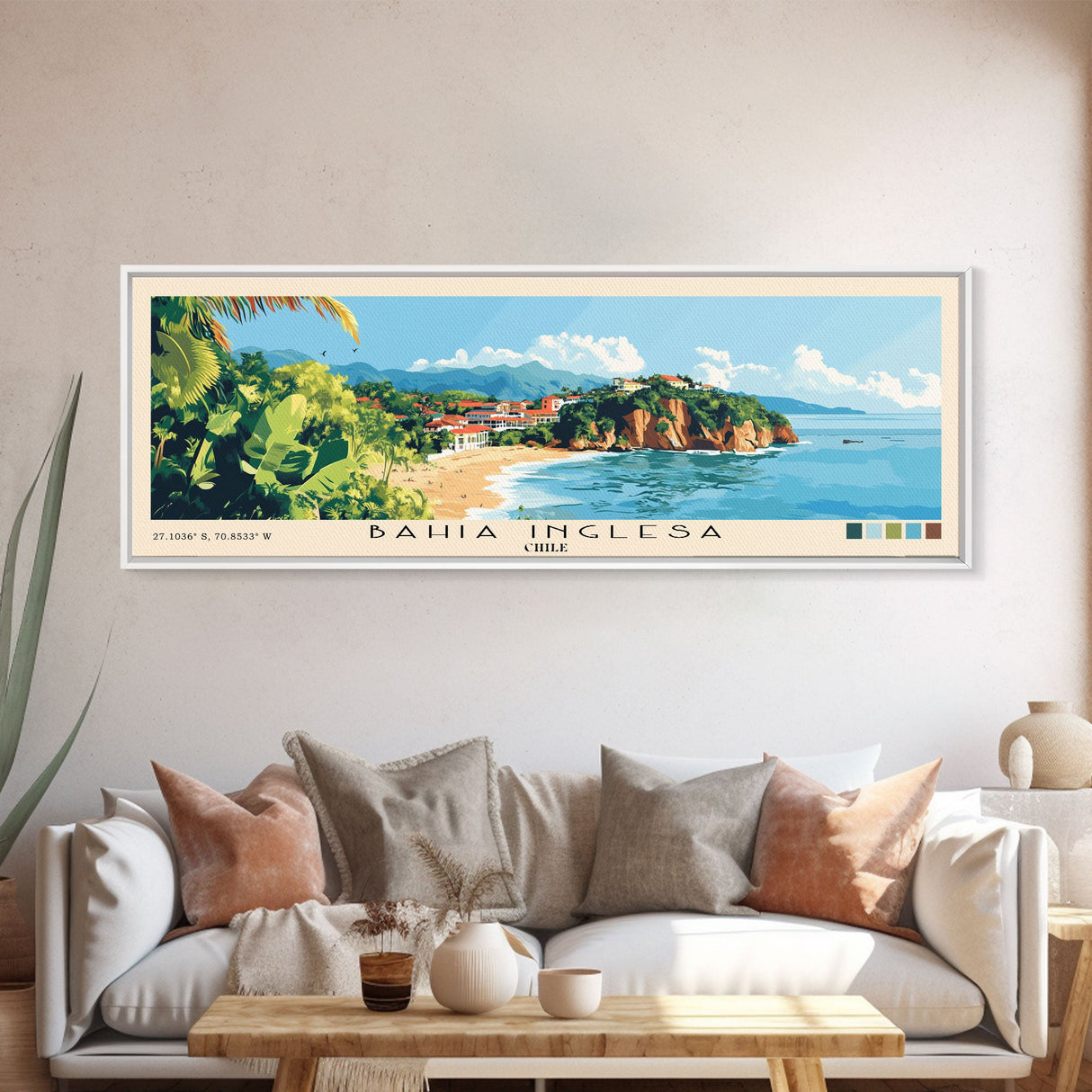 Bahia Inglesa, Chile Panoramic Beach Print, Vacation Gift, Chile Wall Art, Framed Canvas Print, Framed Beach Painting