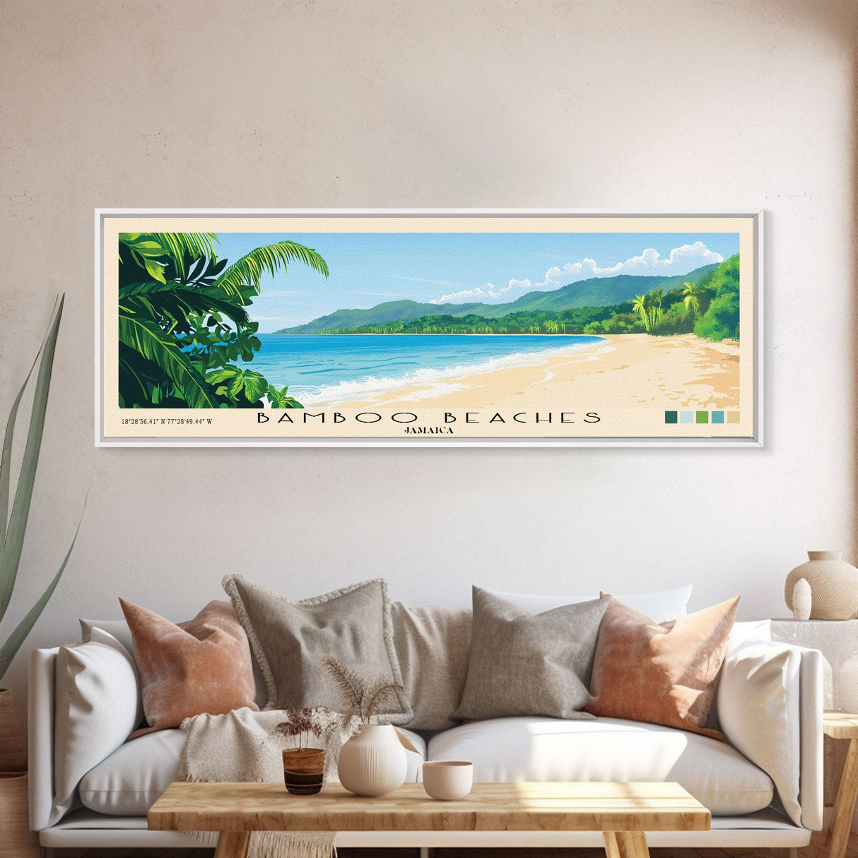 Bamboo Beaches, Jamaica Panoramic Print, Vacation Gift, Jamaica Wall Art, Beach Painting, Beach Decor, Large Wall Art, Wood Frame Art