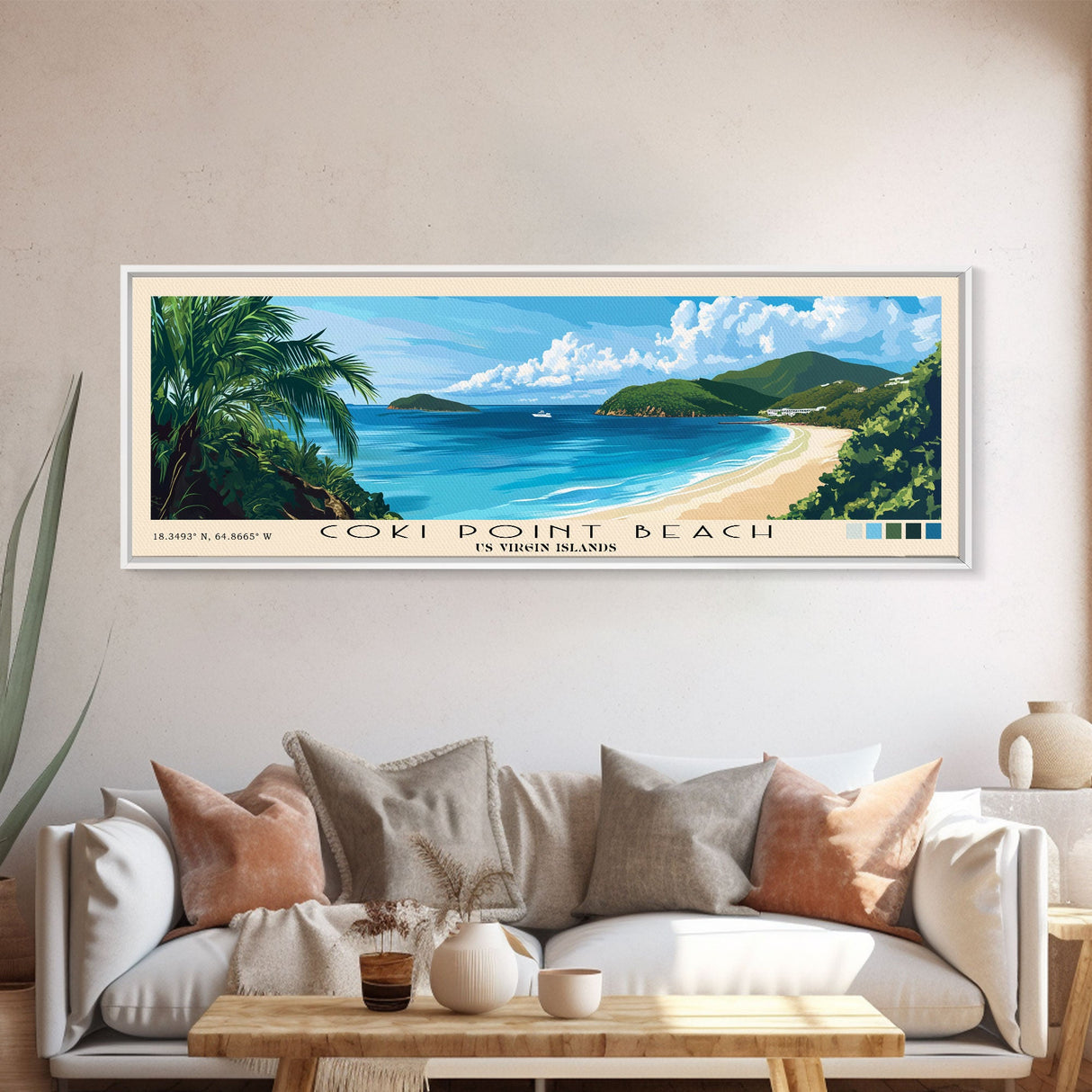 Coki Point Beach, US Virgin islands Panoramic Print, Vacation Gift, US Virgin islands Wall Art, Beach Painting, Beach Decor, Large Wall Art, Wood Frame Art