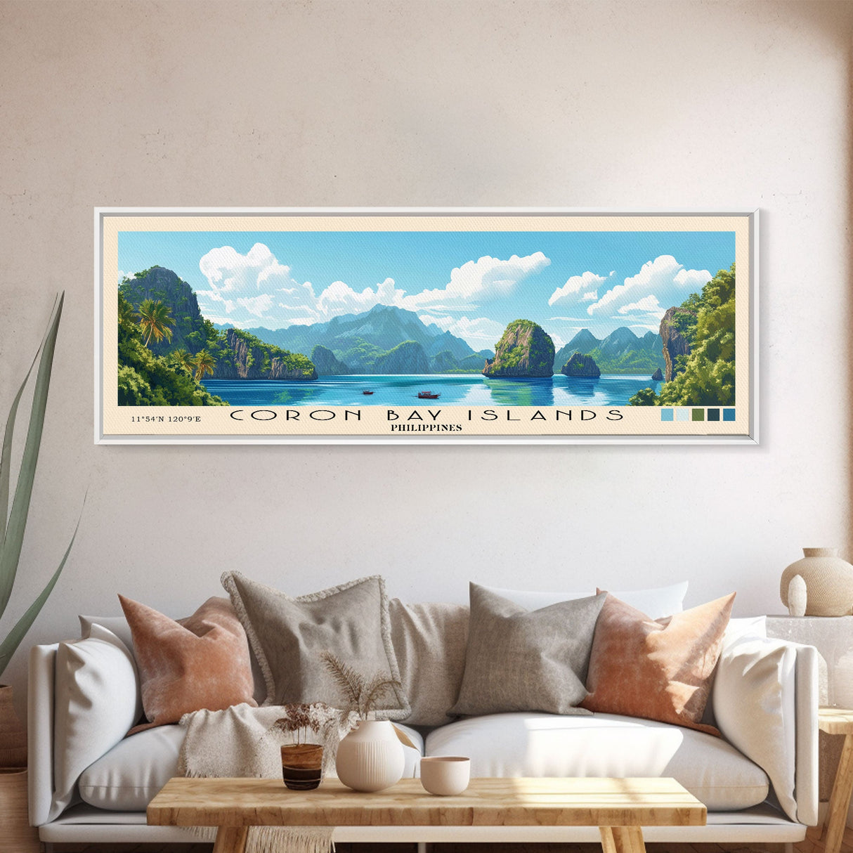 Coron Bay Islands, Philippines Panoramic Beach Print, Vacation Gift, Philippines Wall Art, Framed Canvas Print, Framed Beach Painting