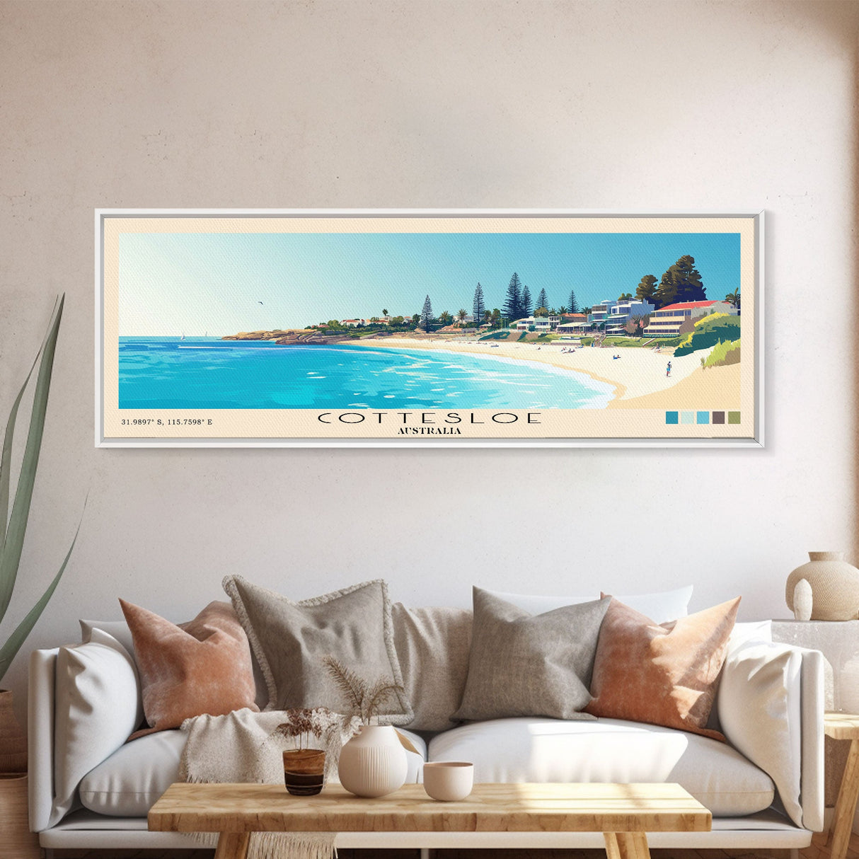 Cottesloe, Australia Panoramic Print, Vacation Gift, Australia Wall Art, Beach Painting, Beach Decor, Large Wall Art, Wood Frame Art