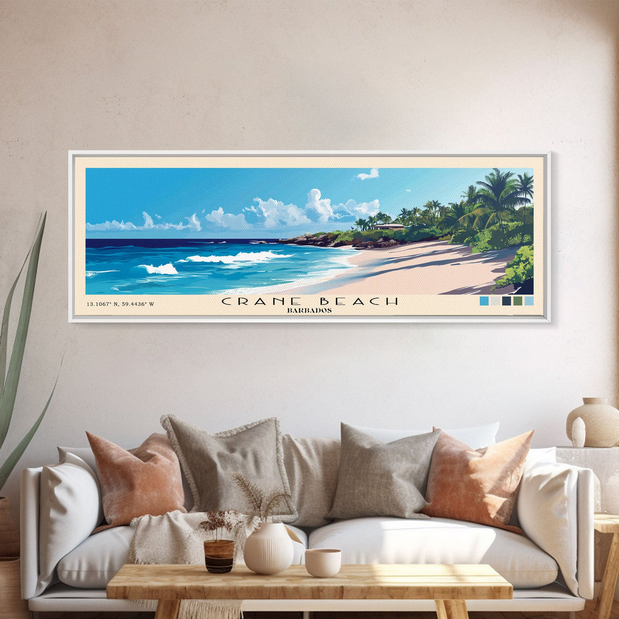 Crane Beach, Barbados Panoramic Print, Vacation Gift, Barbados Wall Art, Beach Painting, Beach Decor, Large Wall Art, Wood Frame Art