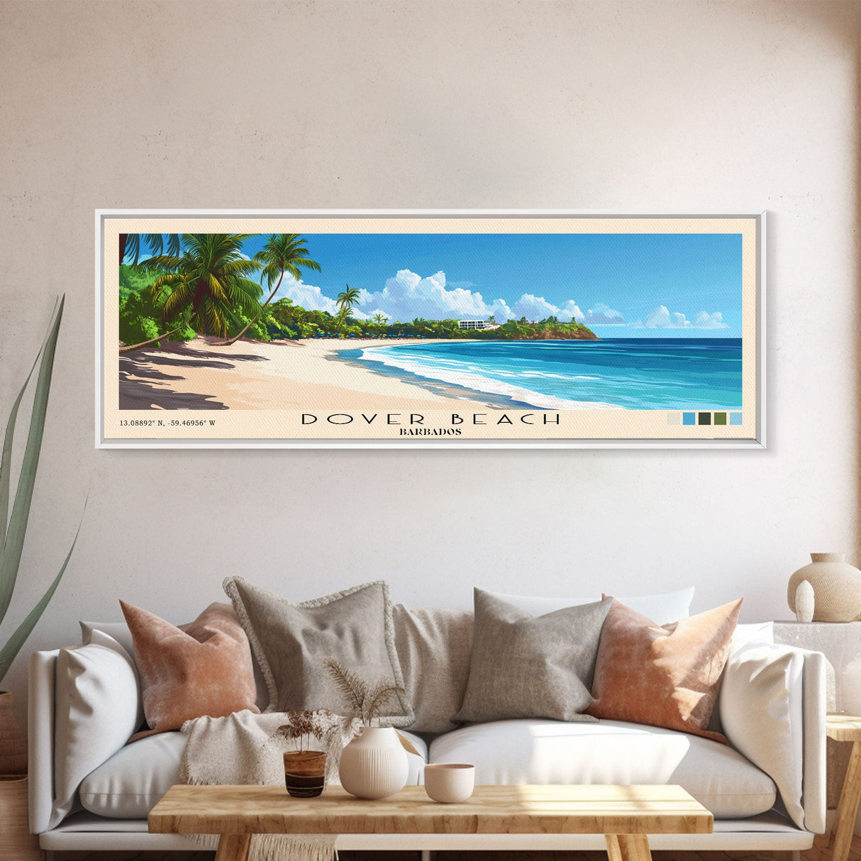 Dover Beach, Barbados Panoramic Print, Vacation Gift, Barbados Wall Art, Beach Painting, Beach Decor, Large Wall Art, Wood Frame Art