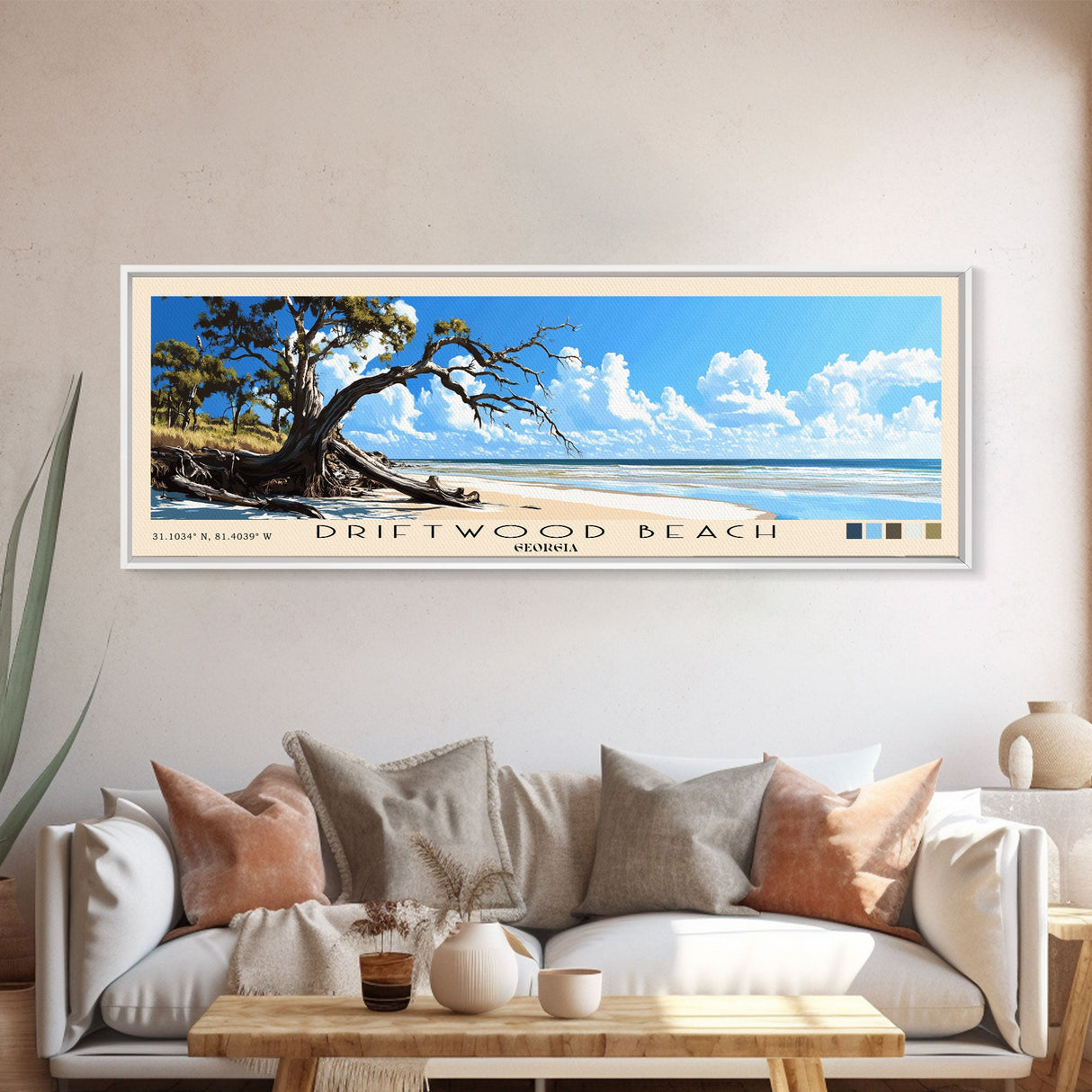 Driftwood Beach, Georgia Panoramic Beach Print, Vacation Gift, Georgia Wall Art, Framed Canvas Print, Framed Beach Painting