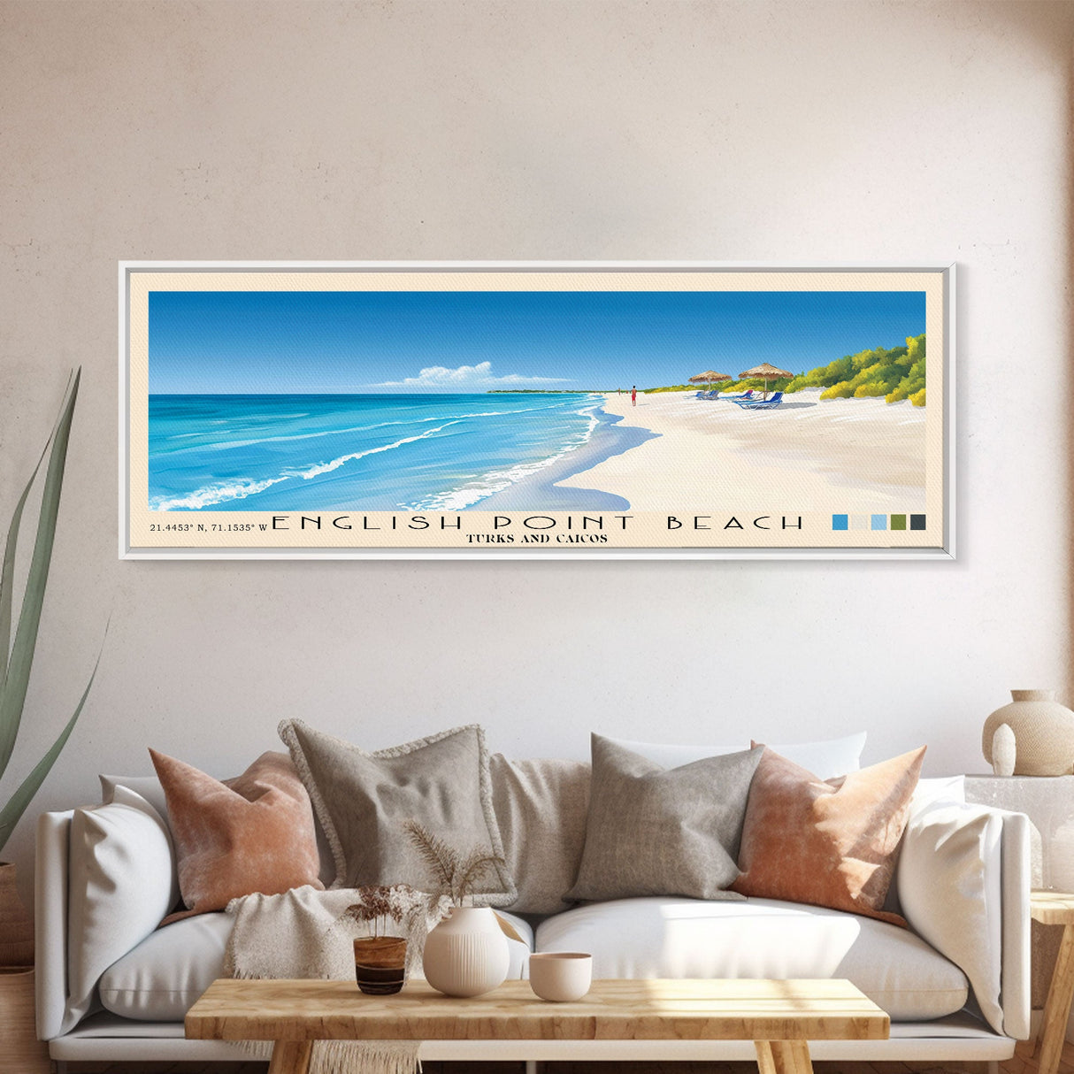 English Point Beach, Turks and Caicos Panoramic Beach Print, Vacation Gift, Turks and Caicos Wall Art, Framed Canvas Print, Framed Beach Painting