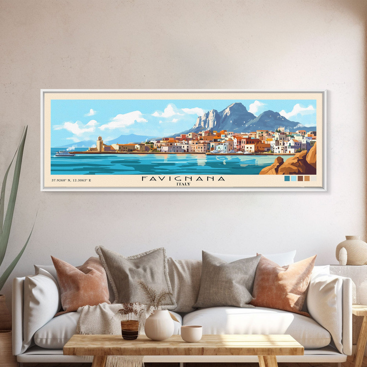 Favignana, Italy Panoramic Print, Vacation Gift, Italy Wall Art, Beach Painting, Beach Decor, Large Wall Art, Wood Frame Art