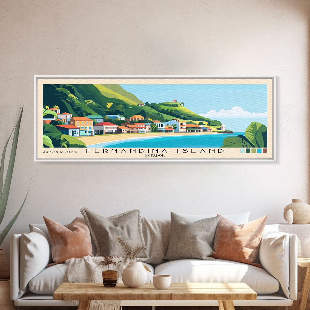 Fernandina Island, Ecuador Panoramic Beach Print, Vacation Gift, Ecuador Wall Art, Framed Canvas Print, Framed Beach Painting