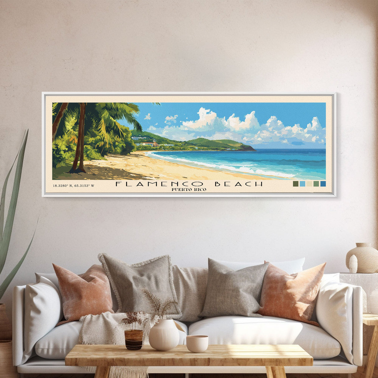 Flamenco Beach, Puerto Rico Panoramic Print, Vacation Gift, Puerto Rico Wall Art, Beach Painting, Beach Decor, Large Wall Art, Wood Frame Art