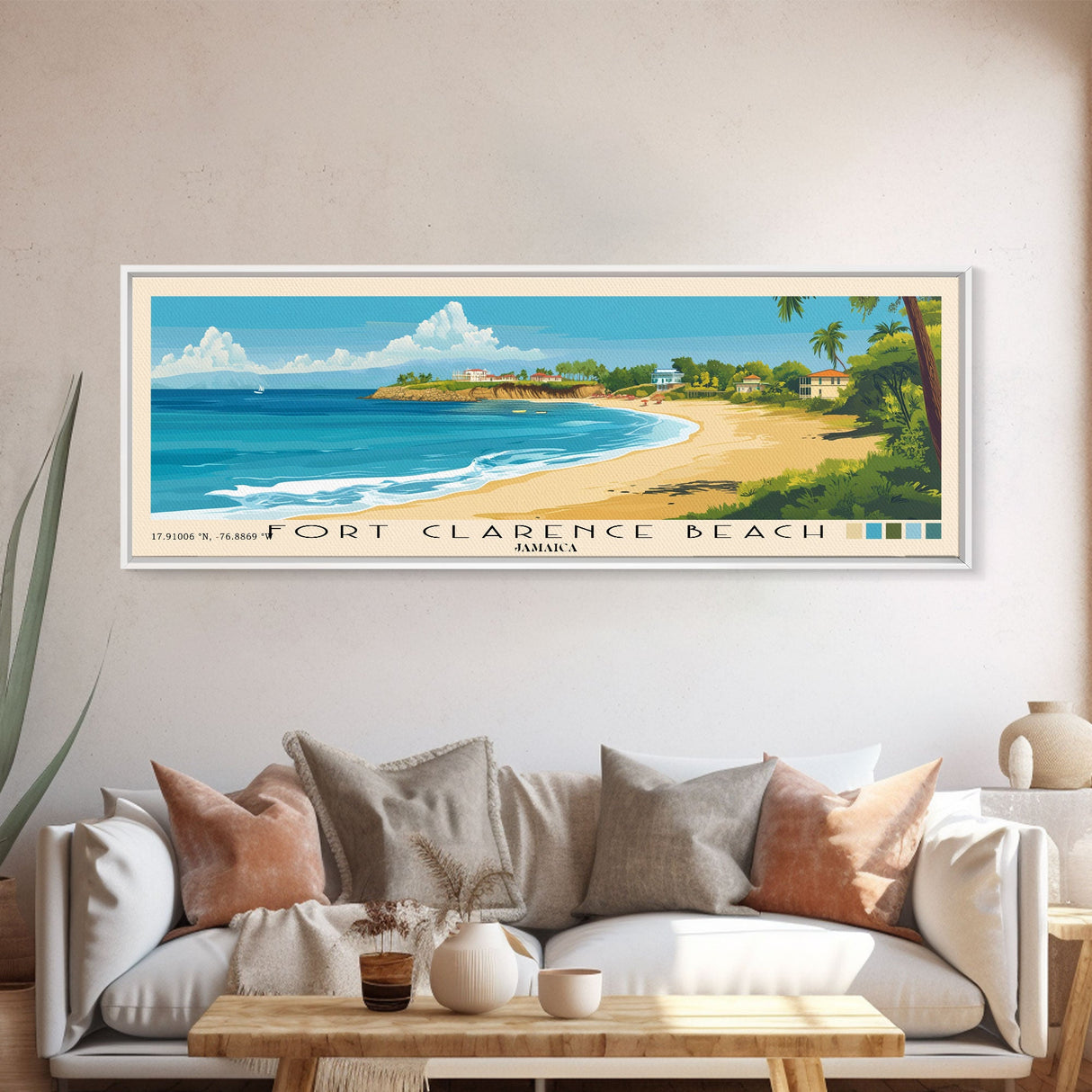 Fort Clarence Beach, Jamaica Panoramic Print, Vacation Gift, Jamaica Wall Art, Beach Painting, Beach Decor, Large Wall Art, Wood Frame Art