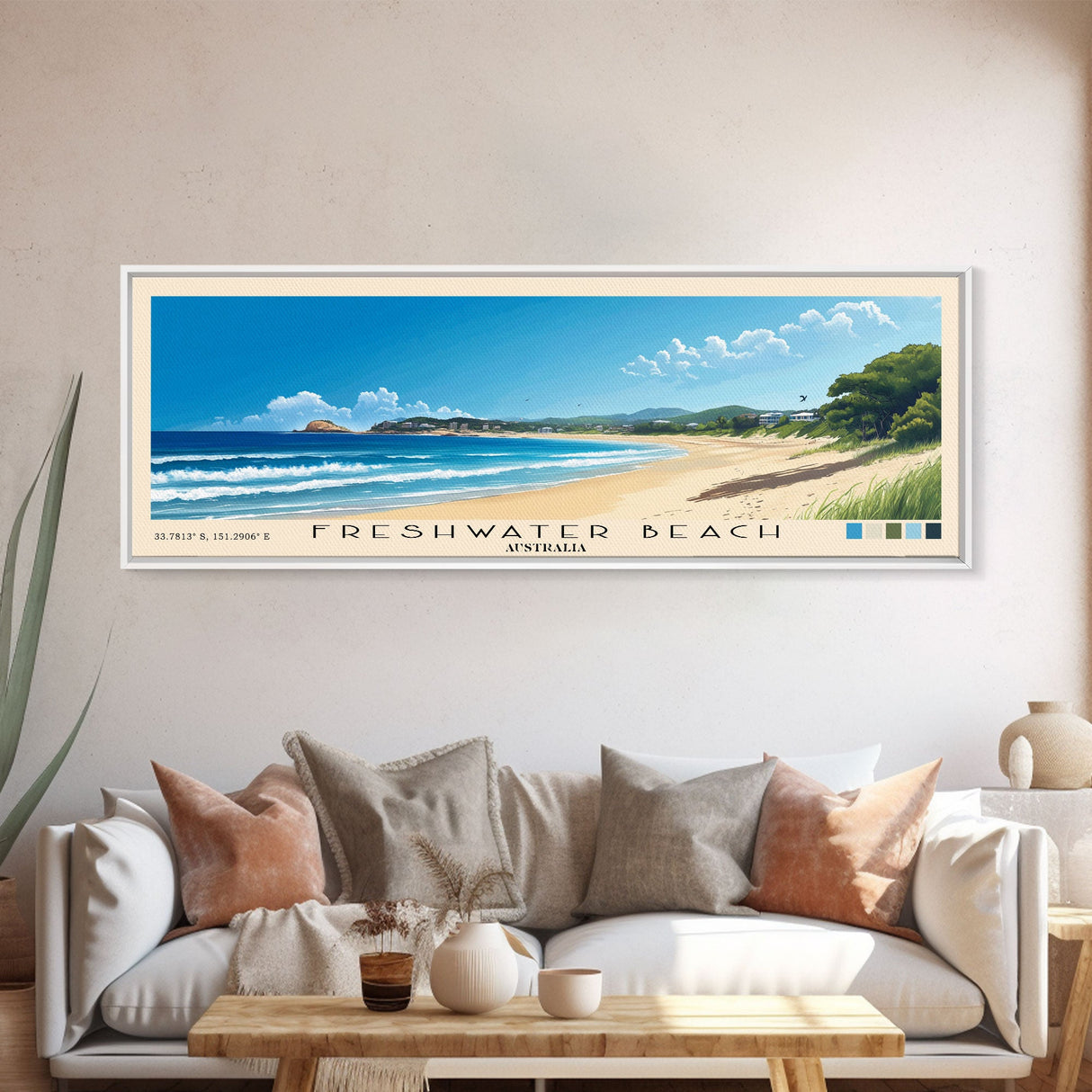 Freshwater Beach, Australia Panoramic Print, Vacation Gift, Australia Wall Art, Beach Painting, Beach Decor, Large Wall Art, Wood Frame Art