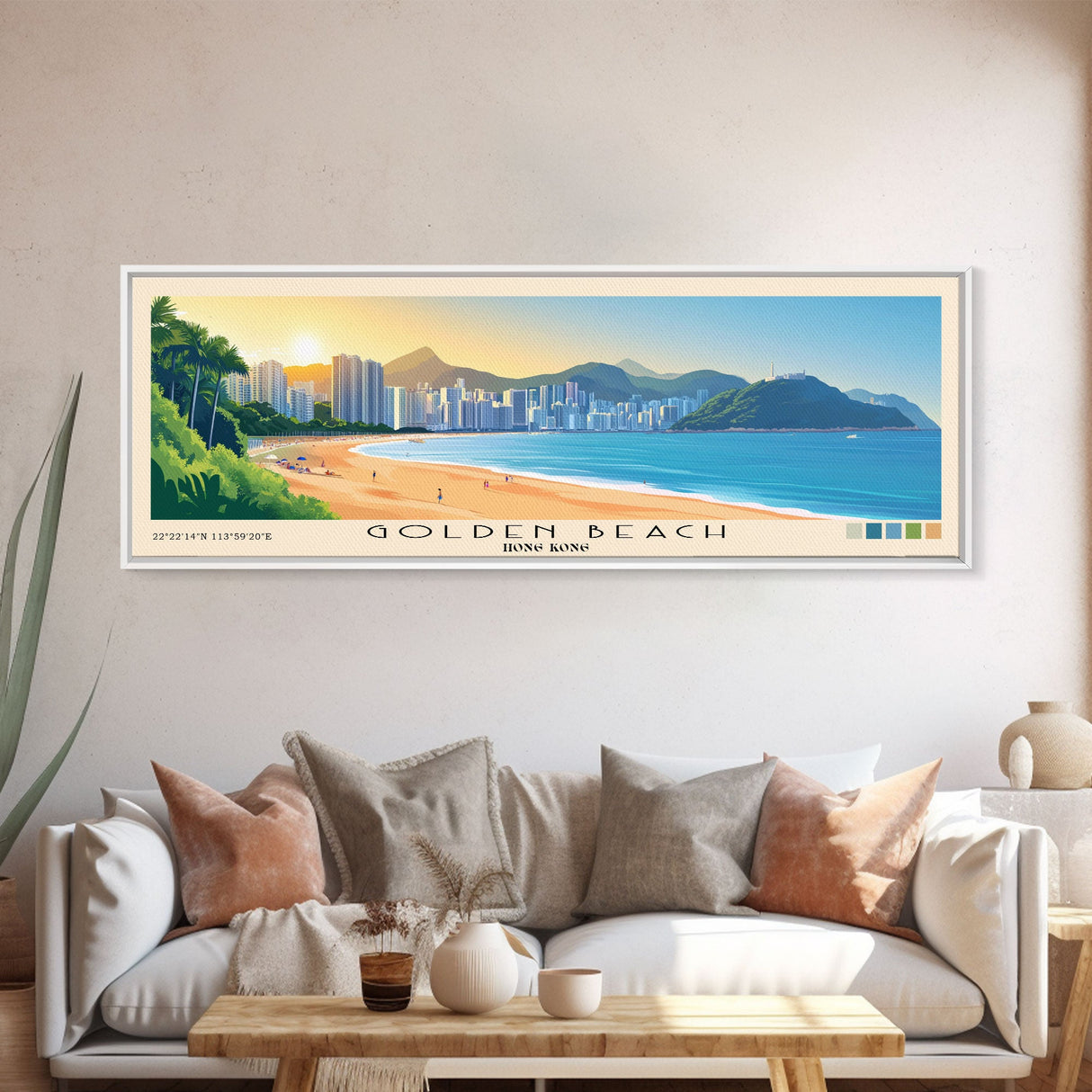 Golden Beach, Hong Kong Panoramic Beach Print, Vacation Gift, Hong Kong Wall Art, Beach Painting, Beach Decor, Beach Painting