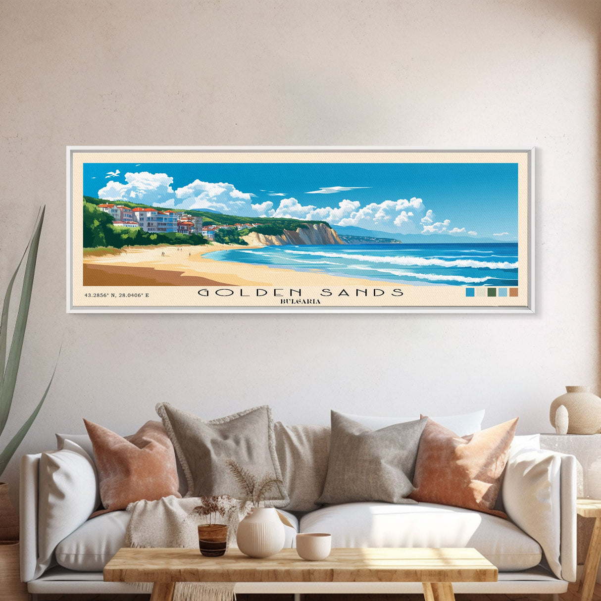 Golden Sands, Bulgaria Panoramic Print, Vacation Gift, Bulgaria Wall Art, Beach Painting, Beach Decor, Large Wall Art, Wood Frame Art