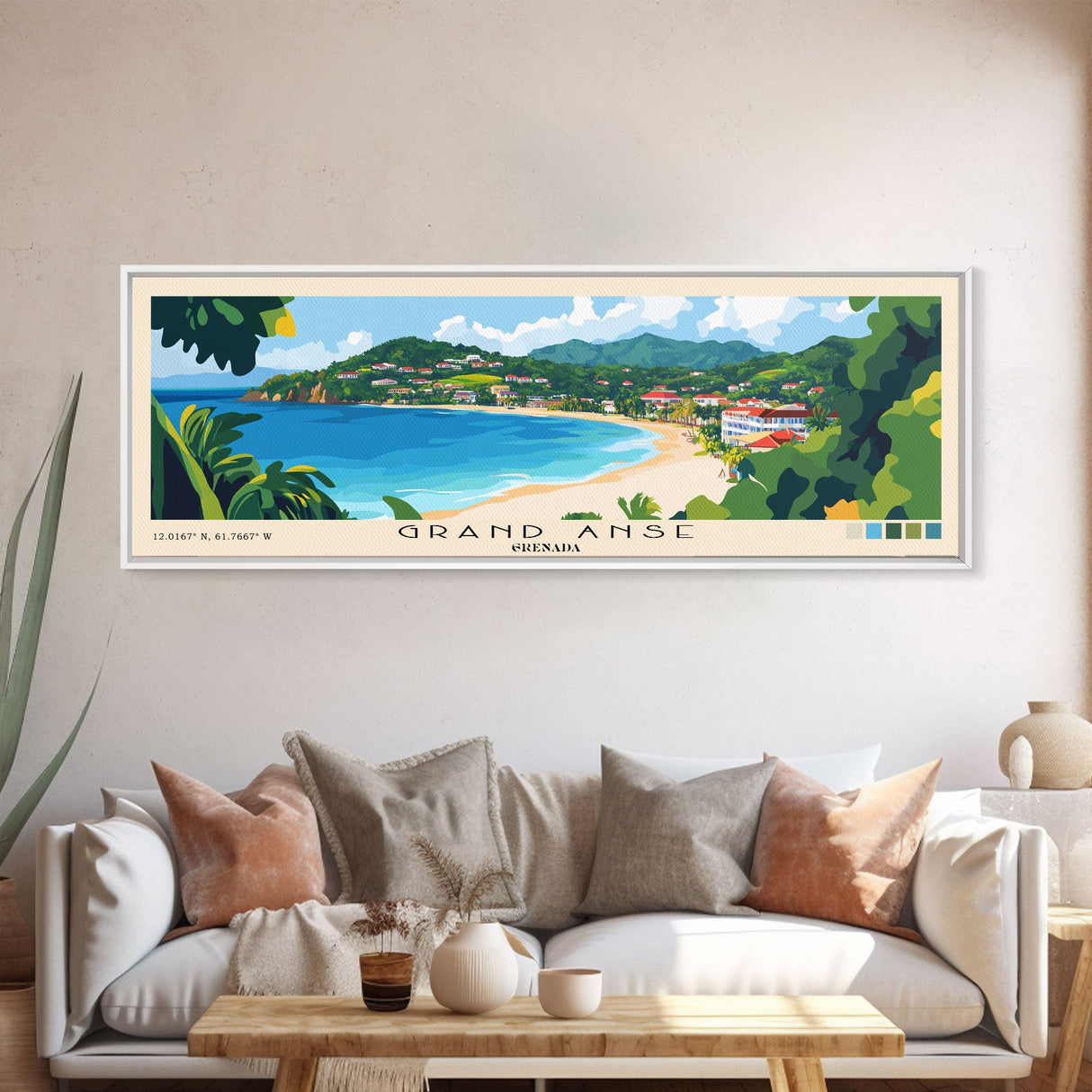 Grand Anse, Grenada Panoramic Print, Vacation Gift, Grenada Wall Art, Beach Painting, Beach Decor, Large Wall Art, Wood Frame Art