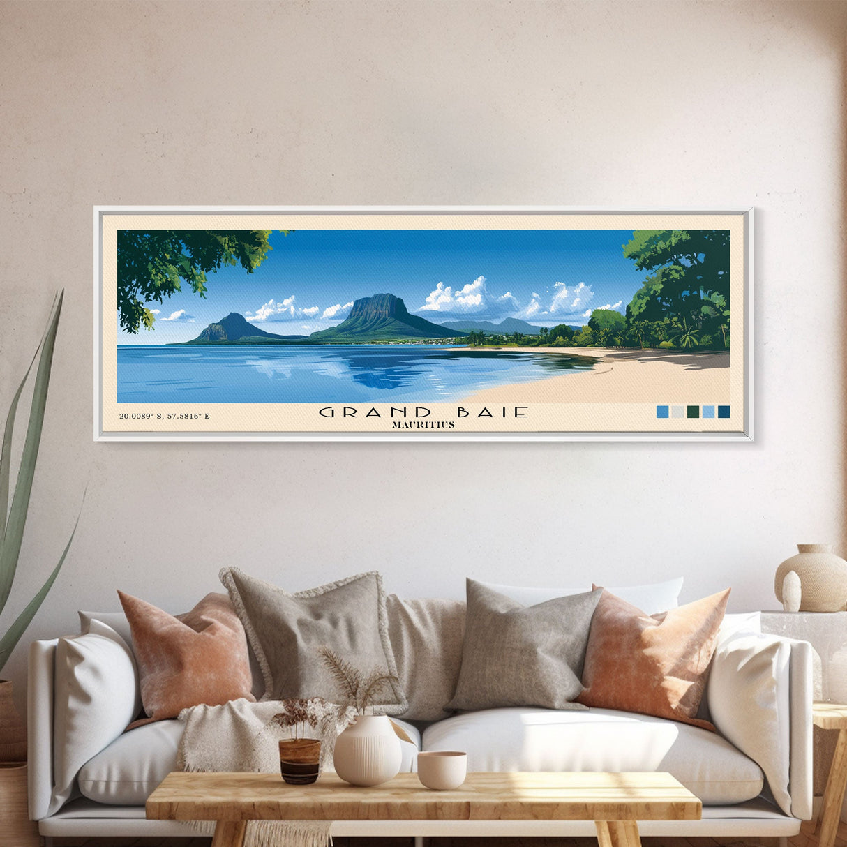 Grand Baie, Mauritius Panoramic Beach Print, Vacation Gift, Mauritius Wall Art, Framed Canvas Print, Framed Beach Painting