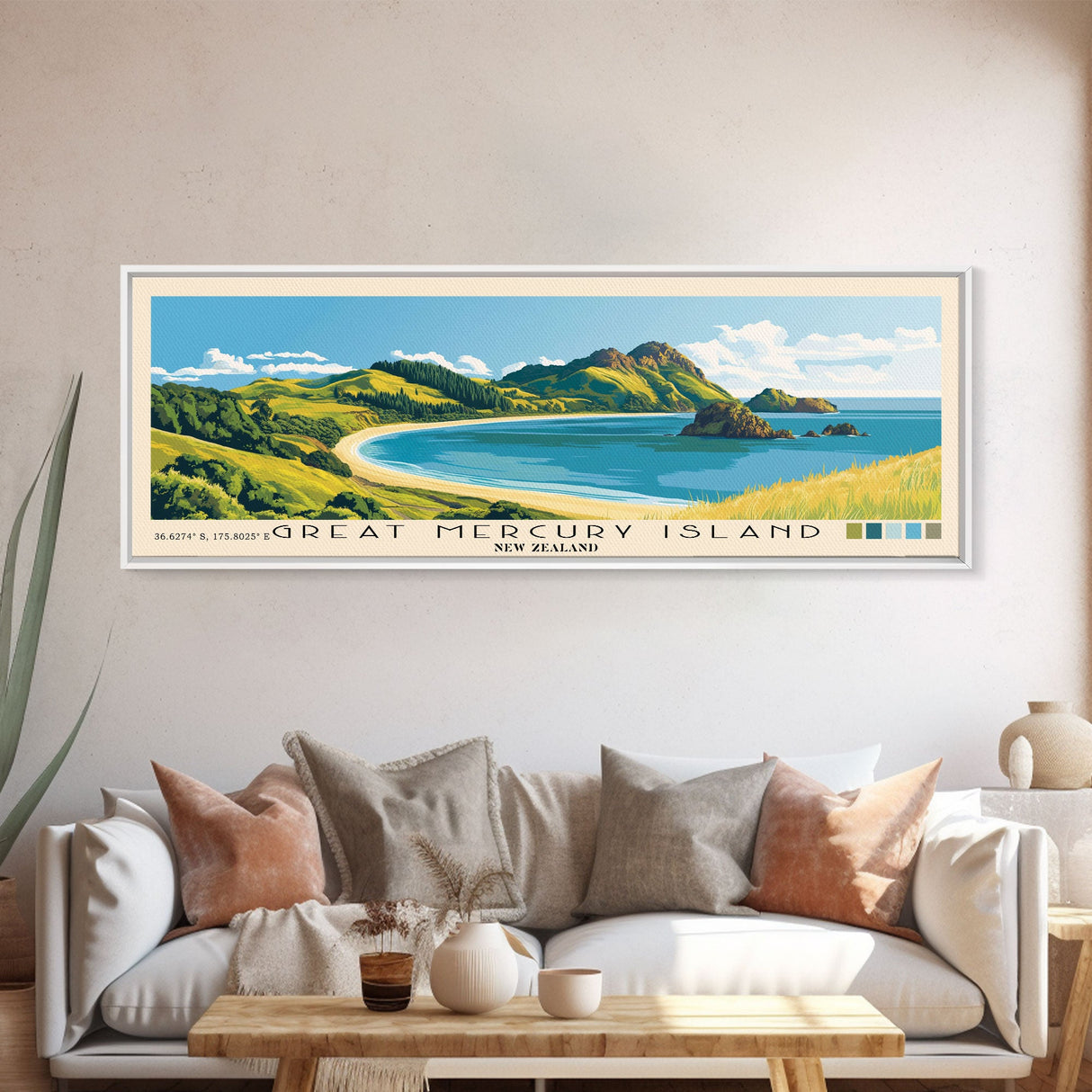 Great Mercury Island, New Zealand Panoramic Beach Print, Vacation Gift, New Zealand Wall Art, Framed Canvas Print, Framed Beach Painting