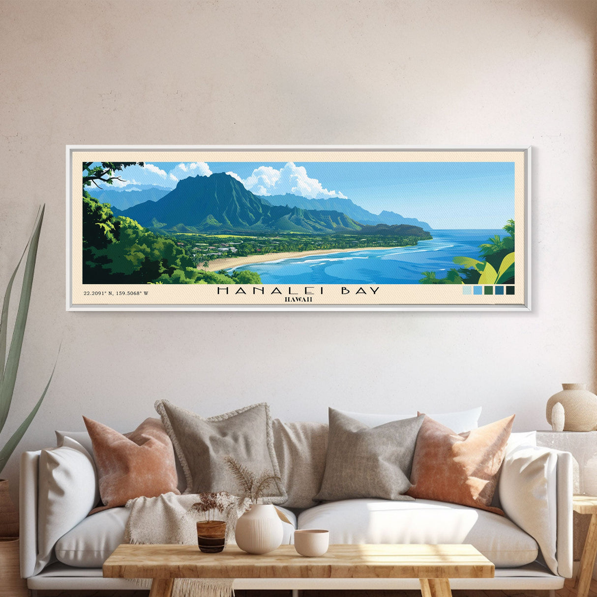 Hanalei Bay, Hawaii Panoramic Beach Print, Vacation Gift, Hawaii Wall Art, Framed Canvas Print, Framed Beach Painting