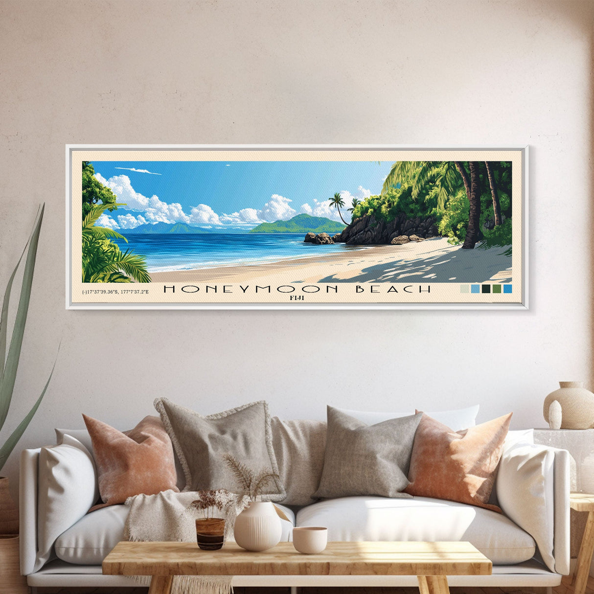 Honeymoon Beach, Fiji Panoramic Beach Print, Vacation Gift, Fiji Wall Art, Beach Painting, Beach Decor, Beach Painting