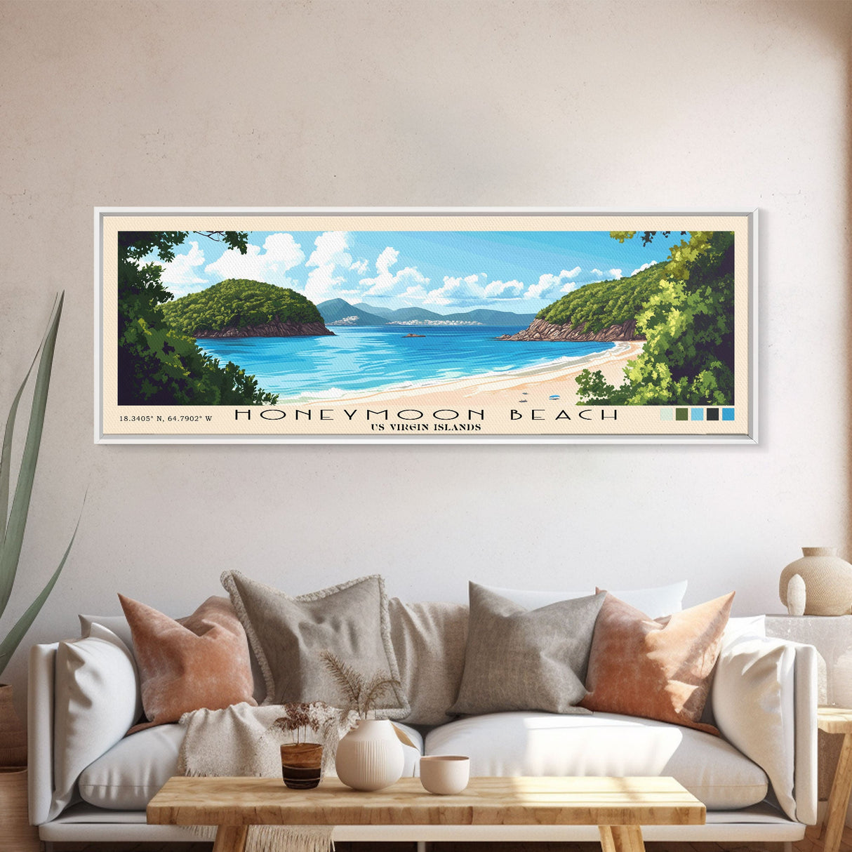 Honeymoon Beach, US Virgin islands Panoramic Print, Vacation Gift, US Virgin islands Wall Art, Beach Painting, Beach Decor, Large Wall Art, Wood Frame Art