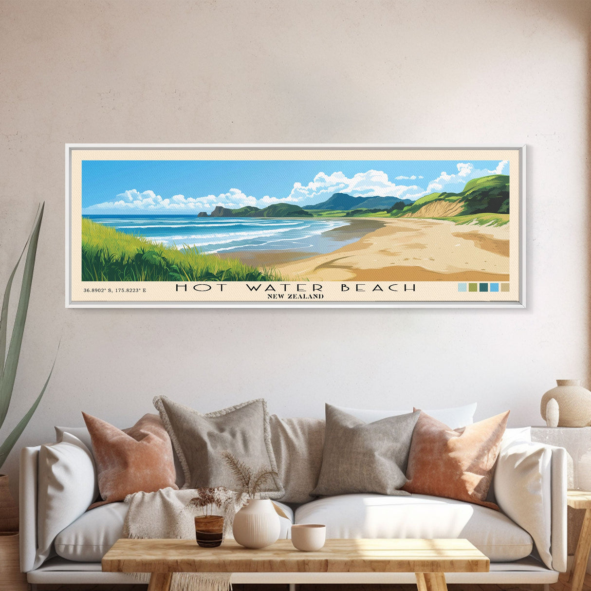 Hot Water Beach, New Zealand Panoramic Print, Vacation Gift, New Zealand Wall Art, Beach Painting, Beach Decor, Beach Or Lakehouse Art