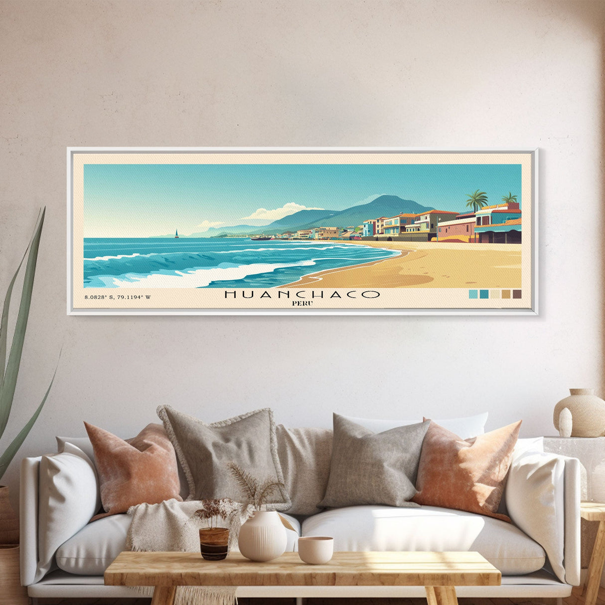 Huanchaco, Peru Panoramic Print, Vacation Gift, Peru Wall Art, Beach Painting, Beach Decor, Large Wall Art, Wood Frame Art