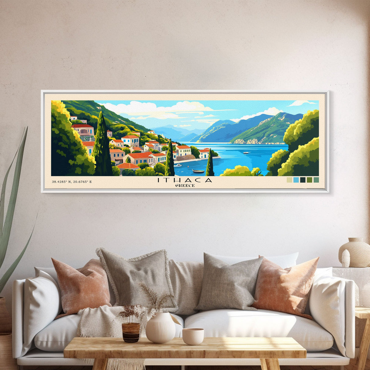 Ithaca, Greece Panoramic Beach Print, Vacation Gift, Greece Wall Art, Beach Painting, Beach Decor, Beach Painting