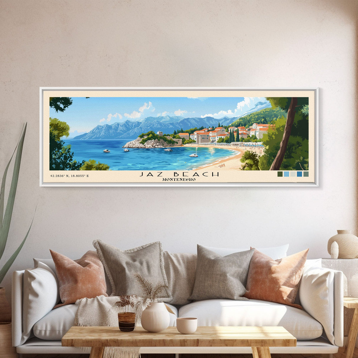 Jaz Beach, Montenegro Panoramic Print, Vacation Gift, Montenegro Wall Art, Beach Painting, Beach Decor, Beach Or Lakehouse Art