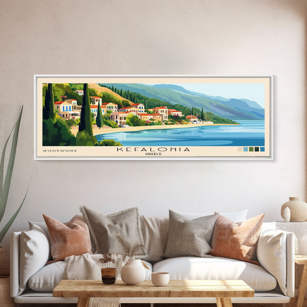 Kefalonia, Greece Panoramic Print, Vacation Gift, Greece Wall Art, Beach Painting, Beach Decor, Large Wall Art, Wood Frame Art