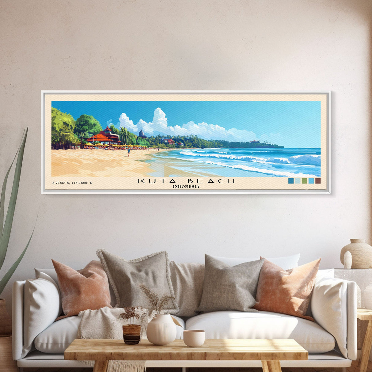 Kuta Beach, Indonesia Panoramic Beach Print, Vacation Gift, Indonesia Wall Art, Beach Painting, Beach Decor, Beach Painting