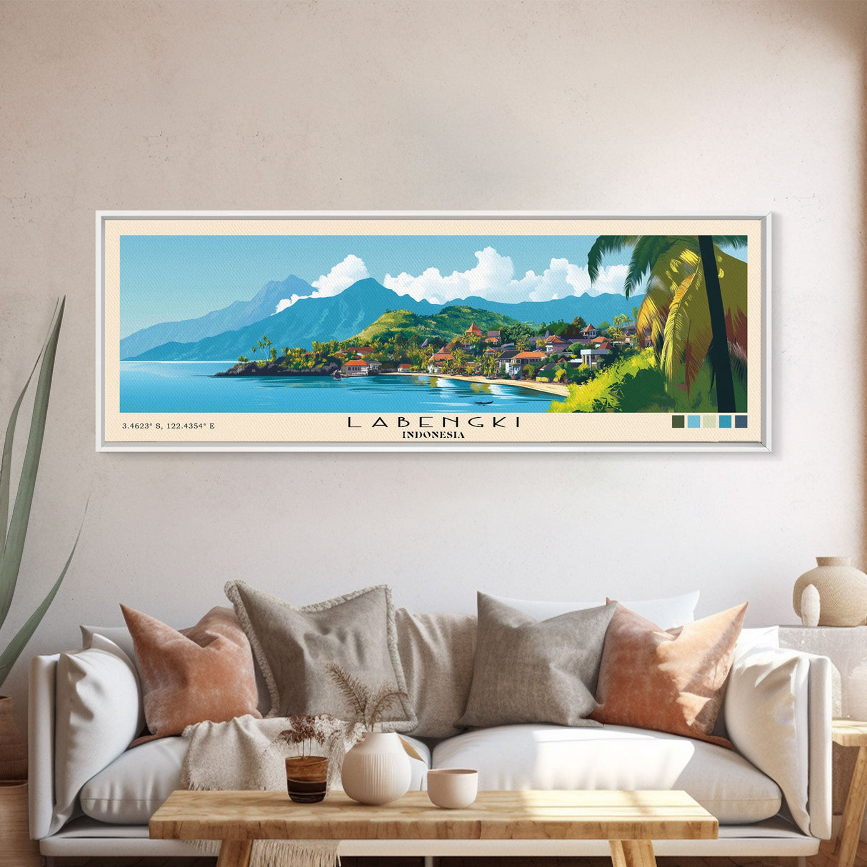 Labengki, Indonesia Panoramic Beach Print, Vacation Gift, Indonesia Wall Art, Framed Canvas Print, Framed Beach Painting