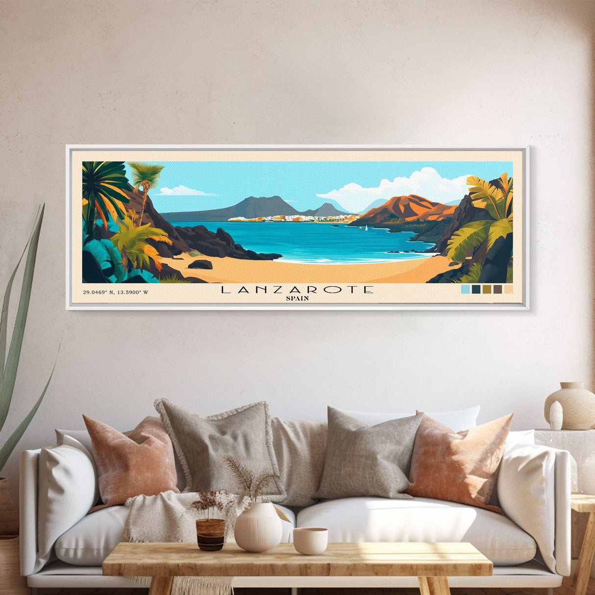 Lanzarote, Spain Panoramic Beach Print, Vacation Gift, Spain Wall Art, Framed Canvas Print, Framed Beach Painting