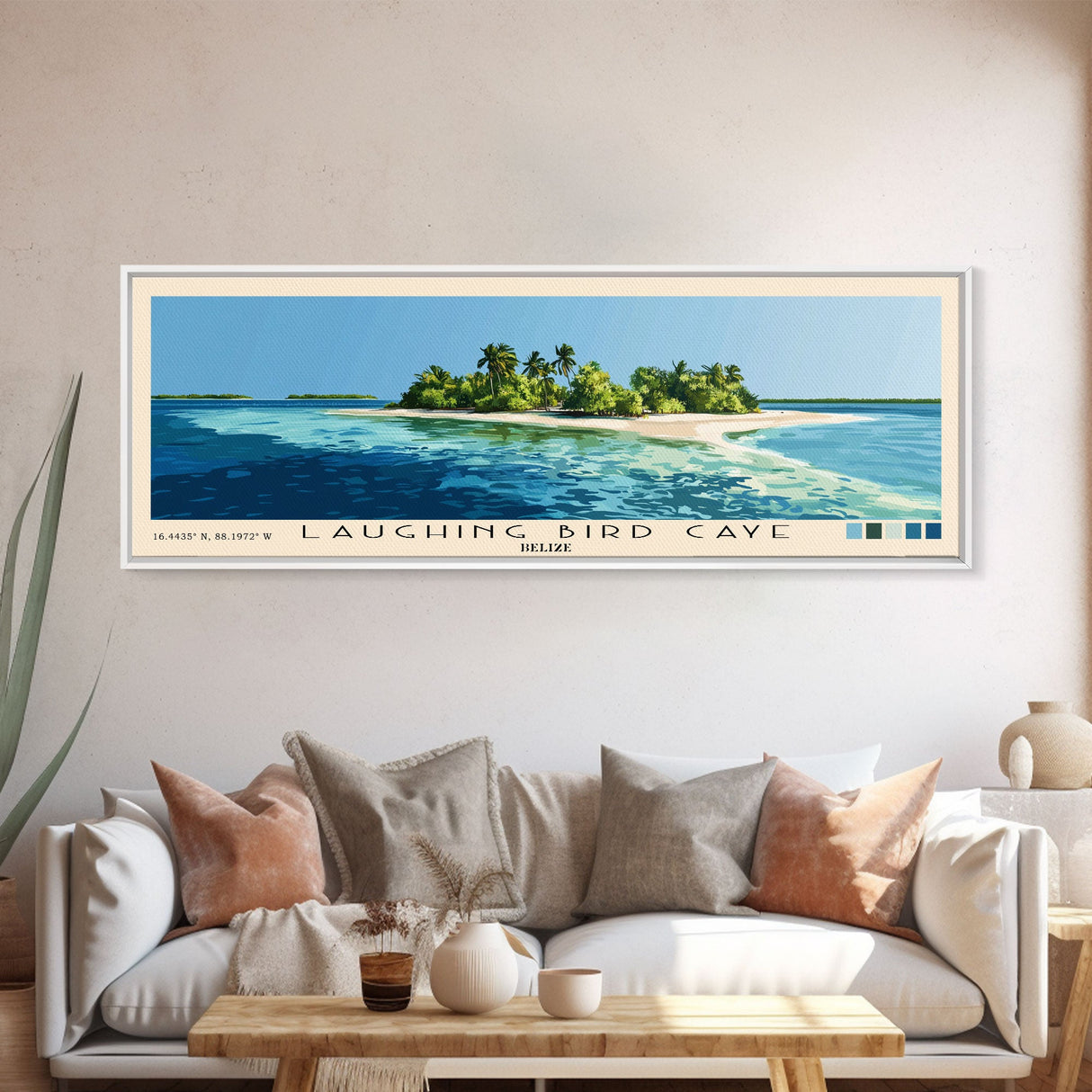 Laughing Bird Caye, Belize Panoramic Beach Print, Vacation Gift, Belize Wall Art, Framed Canvas Print, Framed Beach Painting