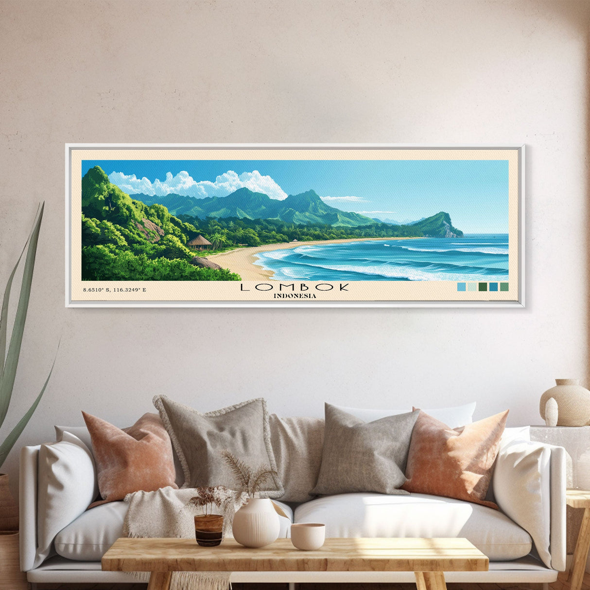 Lombok, Indonesia Panoramic Beach Print, Vacation Gift, Indonesia Wall Art, Framed Canvas Print, Framed Beach Painting