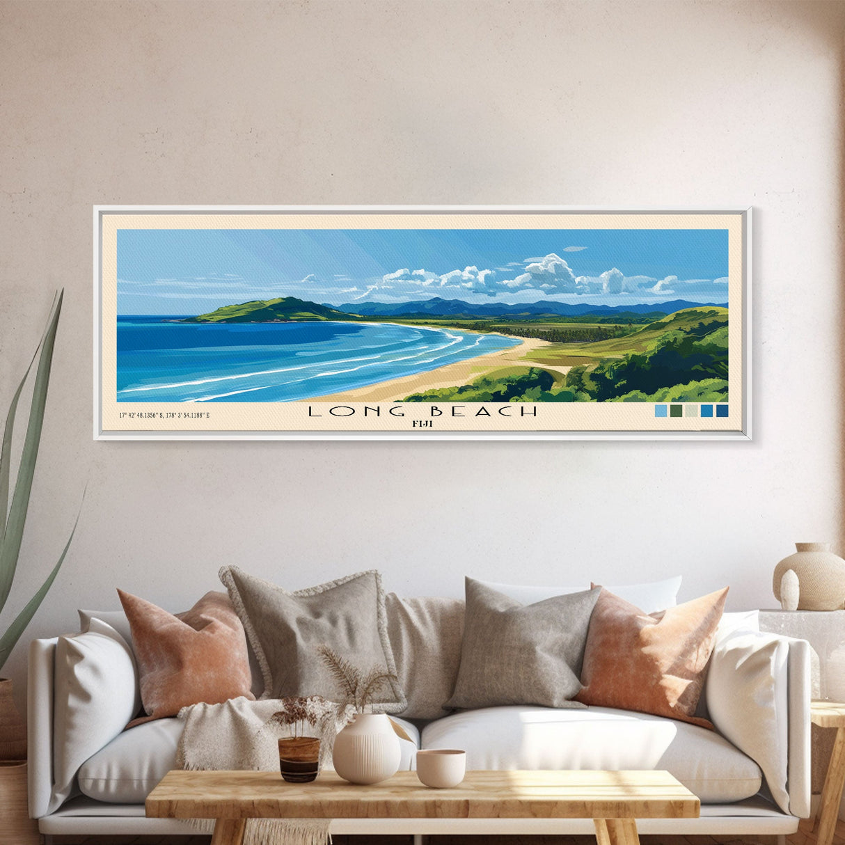 Long Beach, Fiji Panoramic Print, Vacation Gift, Fiji Wall Art, Beach Painting, Beach Decor, Large Wall Art, Wood Frame Art